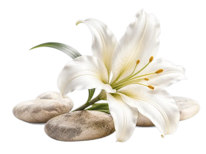 White lily resting on smooth stones